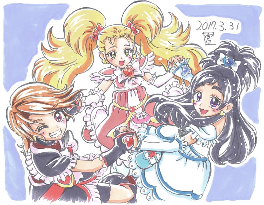 misumi nagisa, yukishiro honoka, cure black, cure white, kujou hikari, and 1 more (precure and 2 more) drawn by miyamoto_hiroshi