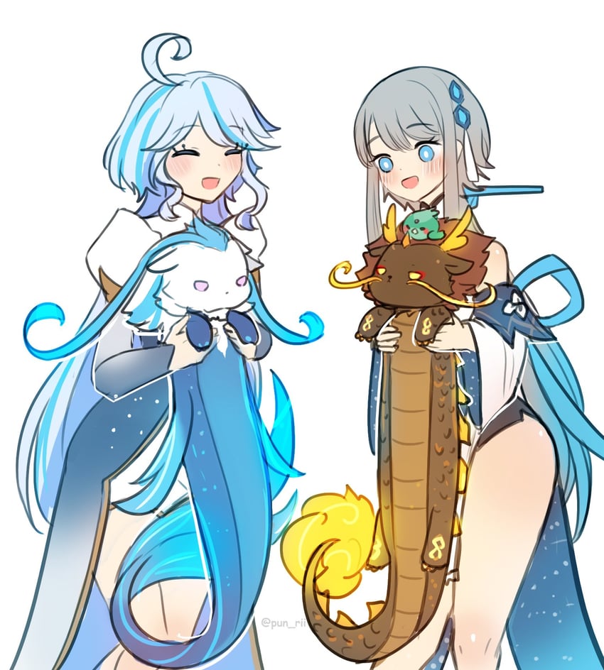 neuvillette, focalors, rex lapis, guizhong, and xiao (genshin impact) drawn by pun-rii