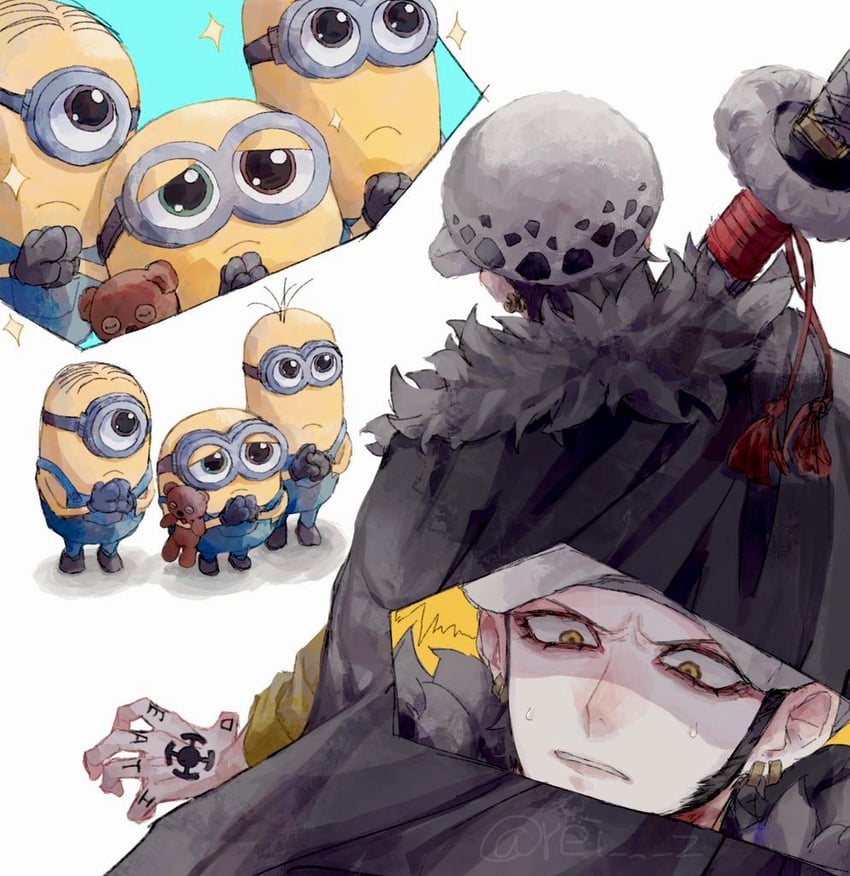 trafalgar law, minion, bob, stuart, and kevin (one piece and 1 more) drawn by rei_su