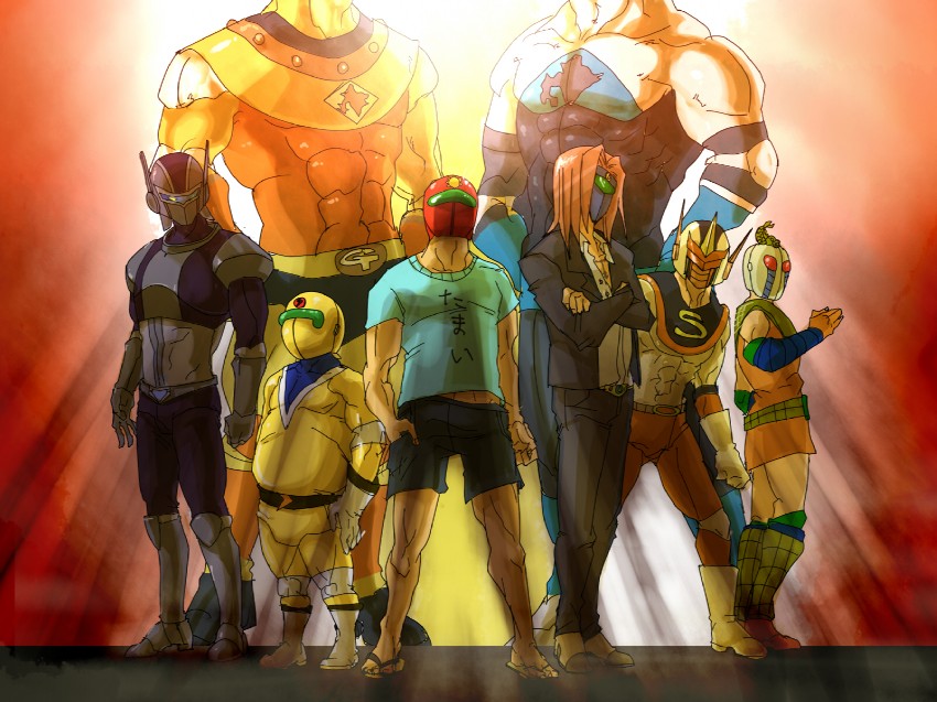 sunred, blue, yellow, abagold, night man, and 3 more (tentai senshi sunred) drawn by mentako_(mentaco)