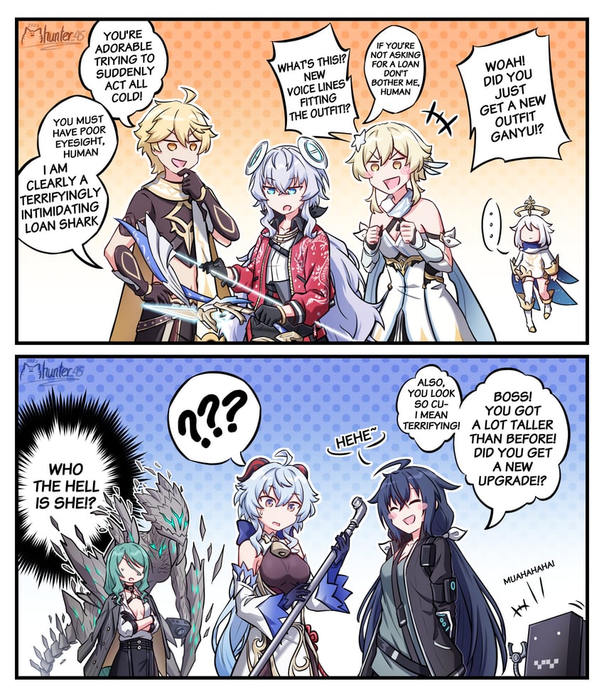 ganyu, lumine, aether, paimon, horizon, and 3 more (genshin impact and 1 more) drawn by mhunter_45