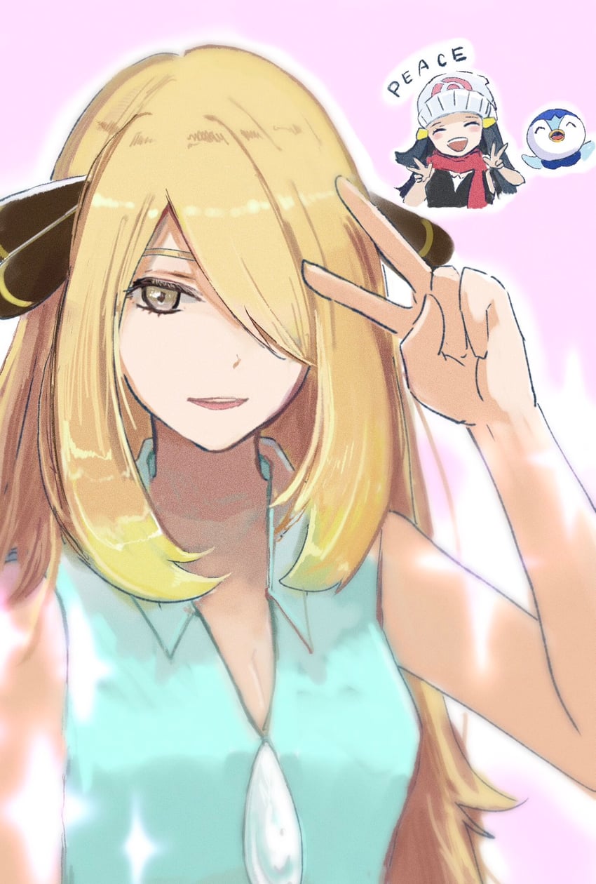 dawn, cynthia, and piplup (pokemon and 2 more) drawn by ringosan2329