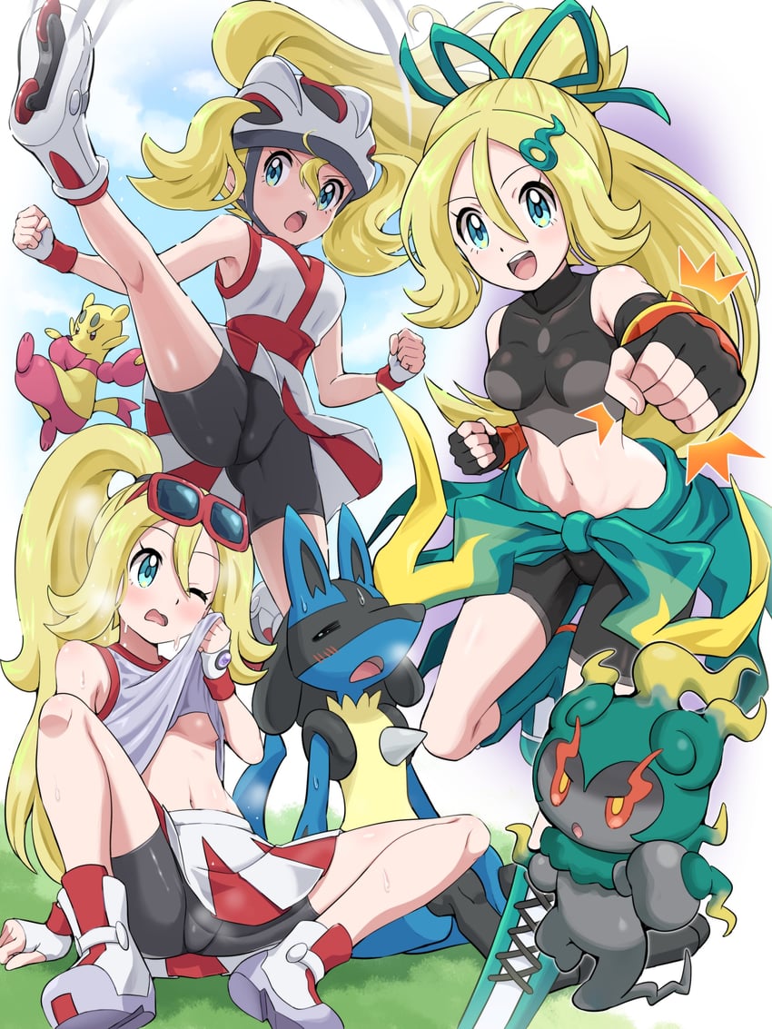 lucario, korrina, marshadow, and mienfoo (pokemon and 2 more) drawn by pokemoa