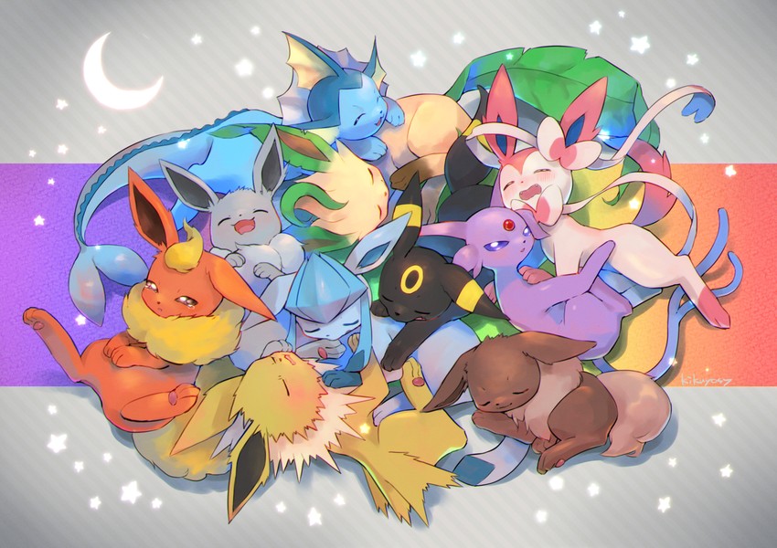 eevee, sylveon, umbreon, glaceon, vaporeon, and 4 more (pokemon) drawn by kikuyoshi_(tracco)