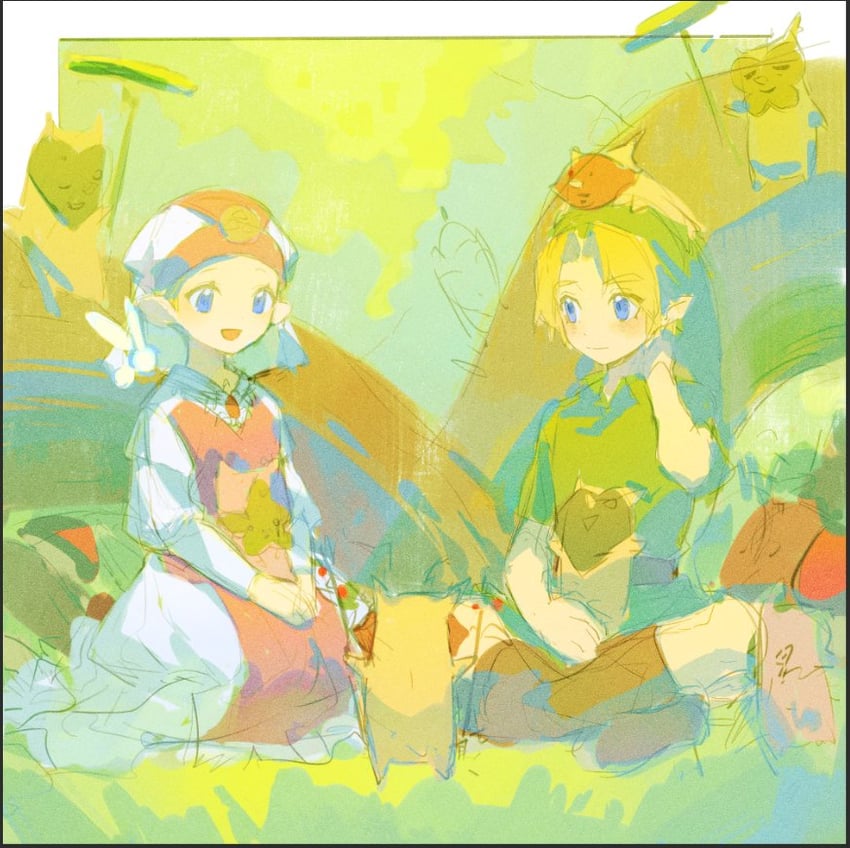 link, princess zelda, young link, navi, korok, and 1 more (the legend of zelda and 1 more) drawn by alannoran