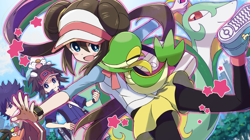 rosa, oshawott, snivy, tepig, nate, and 2 more (pokemon and 1 more) drawn by kingin