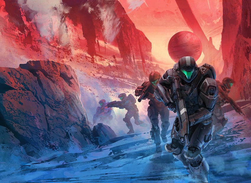 edward buck, michael "mickey" crespo, kojo "romeo" agu, taylor "dutch" miles, and gretchen ketola (halo) drawn by isaac_hannaford