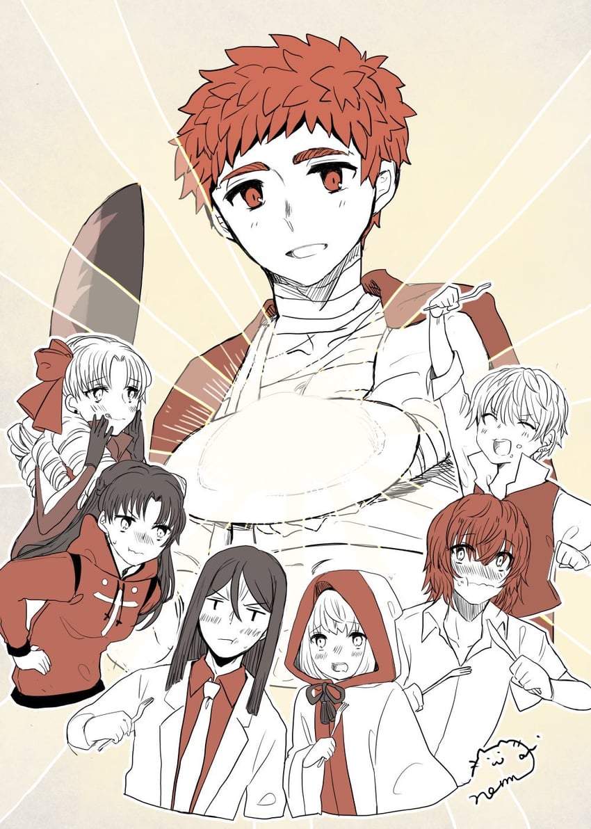 tohsaka rin, emiya shirou, waver velvet, lord el-melloi ii, gray, and 3 more (fate and 2 more) drawn by nemugiko
