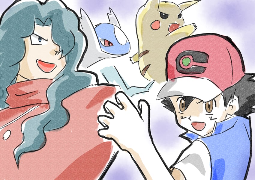 pikachu, ash ketchum, latios, and tobias (pokemon and 2 more) drawn by hachijou_shima_sui