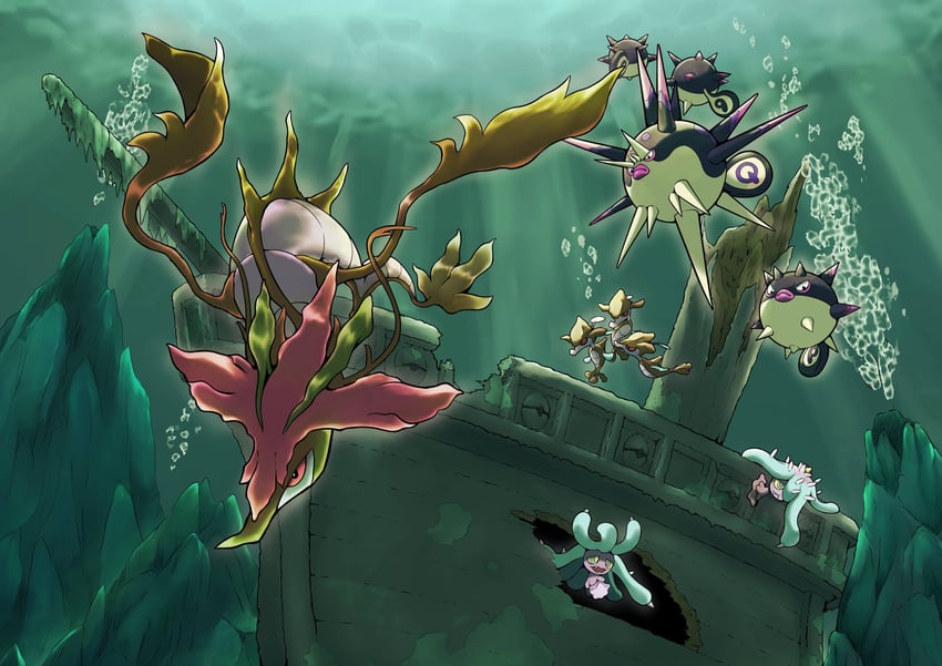 mareanie, dragalge, skrelp, and hisuian qwilfish (pokemon) drawn by q-chan