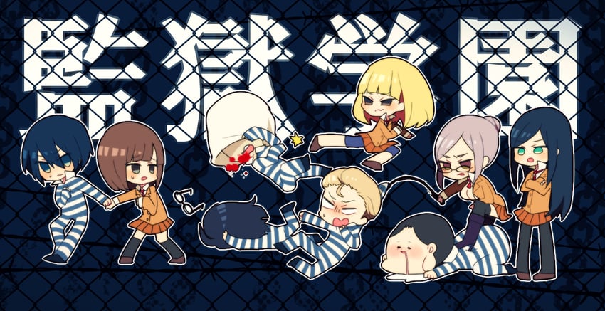 midorikawa hana, kurihara mari, kurihara chiyo, morokuzu takehito, andou reiji, and 2 more (prison school) drawn by sakaduki_chako