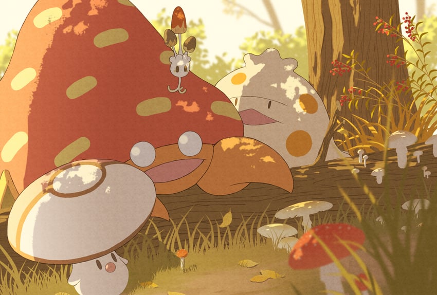 foongus, shroomish, morelull, and parasect (pokemon) drawn by schwarz39