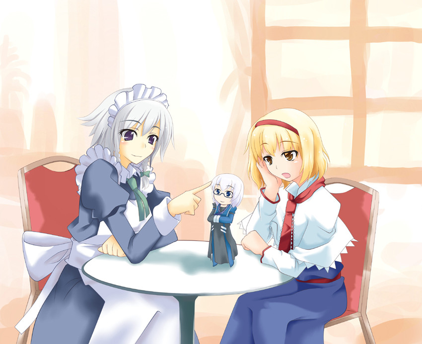 izayoi sakuya, alice margatroid, and morichika rinnosuke (touhou) drawn by ogami_kazuki