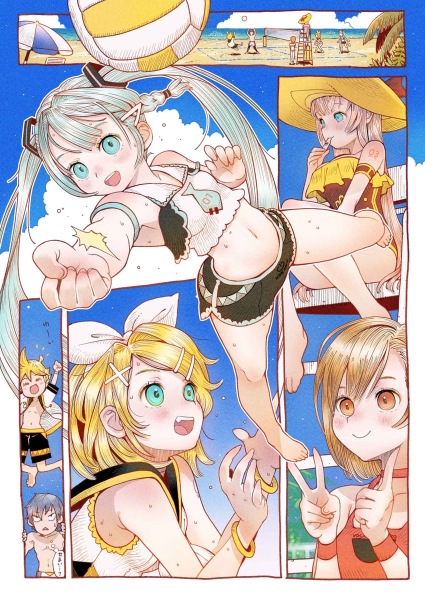 hatsune miku, kagamine rin, kagamine len, megurine luka, kaito, and 1 more (vocaloid) drawn by kawamitsu