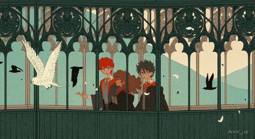 hermione granger, harry potter, and ron weasley (wizarding world and 1 more) drawn by helen_jee