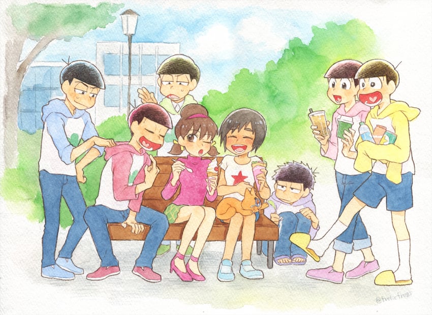 matsuno osomatsu, matsuno karamatsu, matsuno ichimatsu, matsuno jyushimatsu, matsuno choromatsu, and 3 more (osomatsu and 1 more) drawn by keroko_(frolicfrogs)
