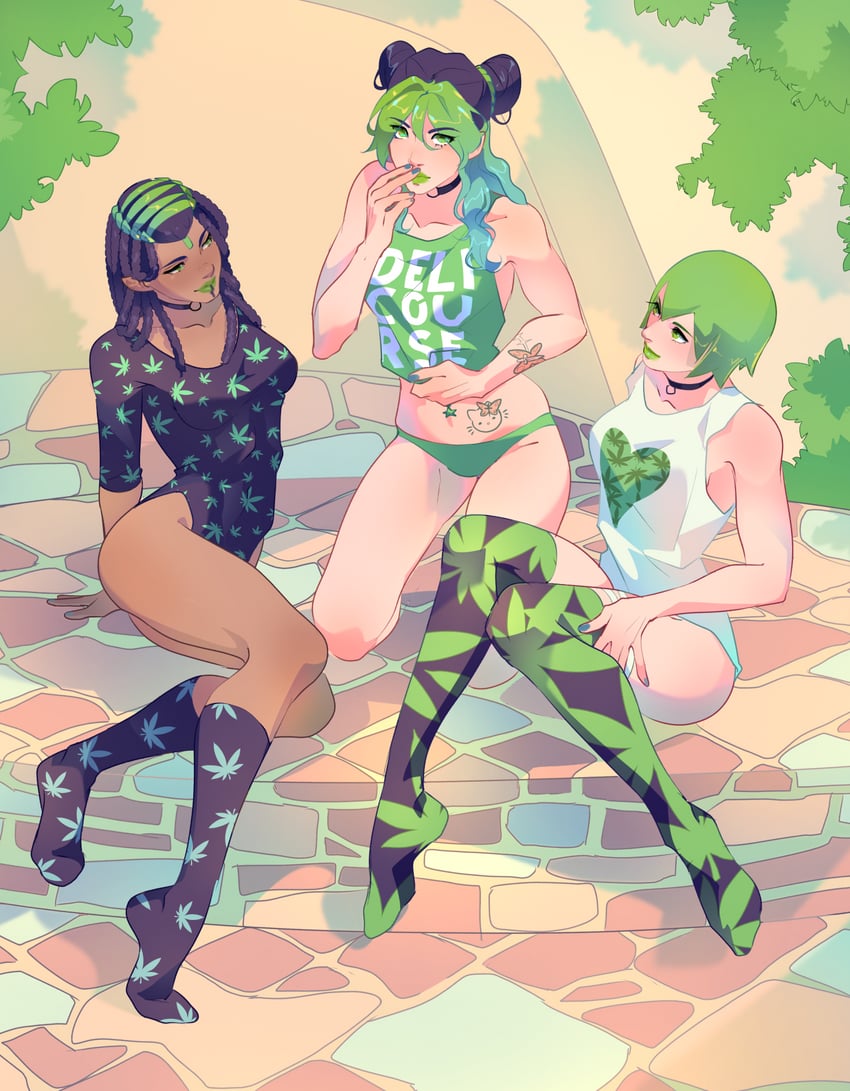 kujo jolyne, hello kitty, foo fighters, and ermes costello (jojo no kimyou na bouken and 3 more) drawn by delicourse