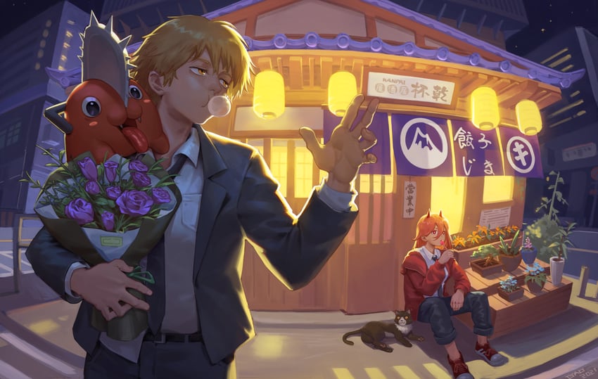 power, denji, pochita, and meowy (chainsaw man) drawn by 873493728