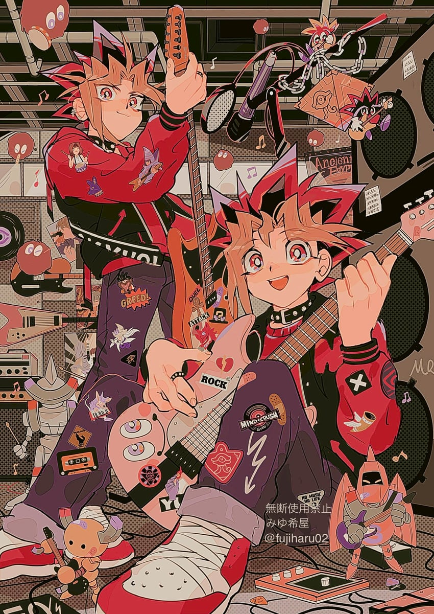 muto yugi, yami yugi, kuriboh, beta the magnet warrior, gamma the magnet warrior, and 1 more (yu-gi-oh! and 1 more) drawn by fujiharu_(akamine)