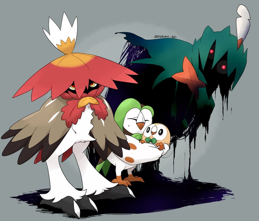 rowlet, decidueye, hisuian decidueye, and dartrix (pokemon) drawn by hidane_(natsume_hdn)