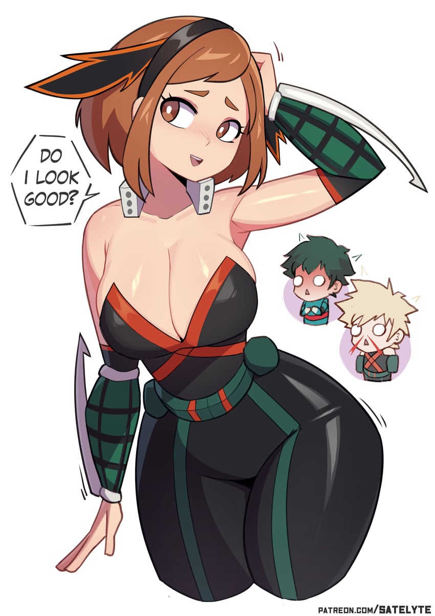 midoriya izuku, uraraka ochaco, and bakugou katsuki (boku no hero academia) drawn by satelyte