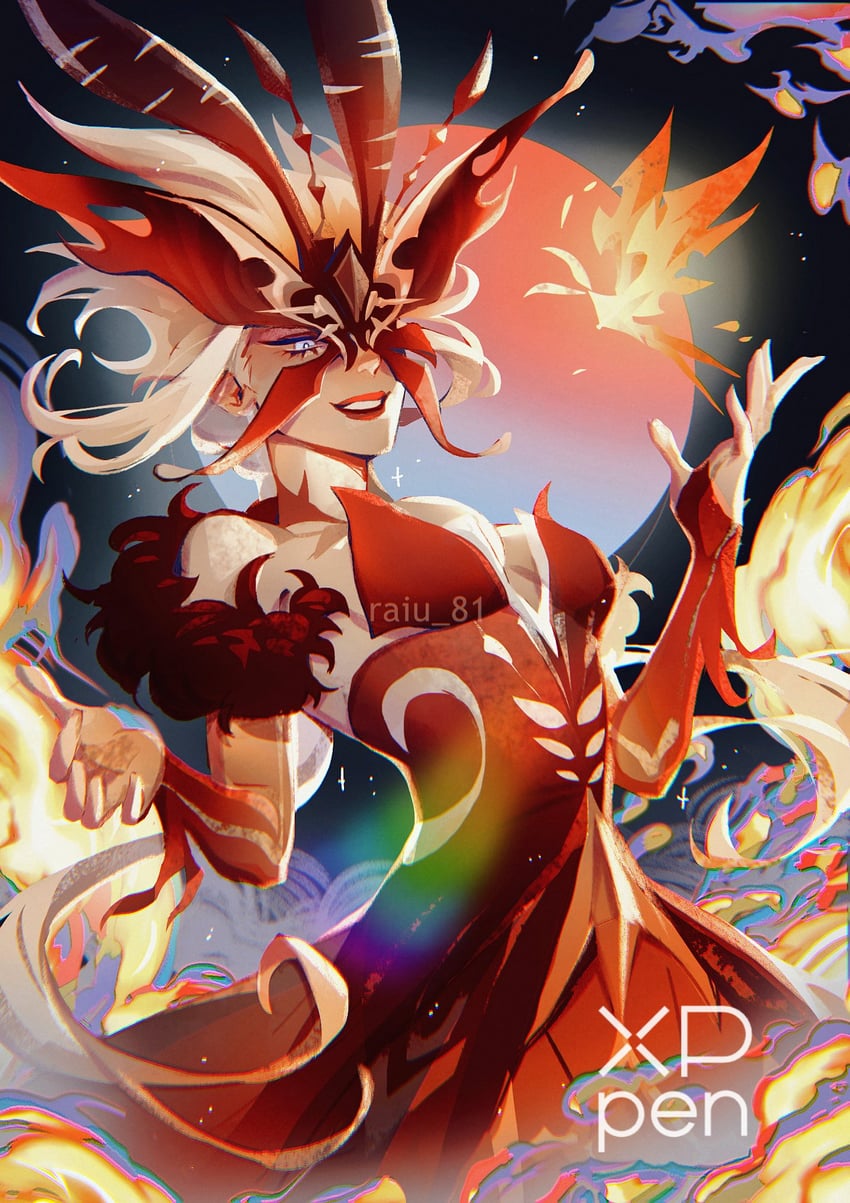 crimson lotus moth and signora (genshin impact) drawn by raiu_81