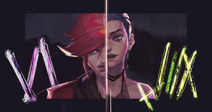 jinx, vi, arcane jinx, and arcane vi (league of legends and 1 more) drawn by iyawa