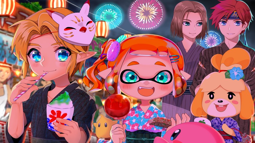 link, inkling player character, inkling girl, kirby, isabelle, and 3 more (fire emblem and 10 more) drawn by ao_hito