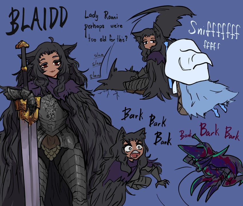 ranni the witch, blaidd the half-wolf, and bloodhound knight (elden ring) drawn by centurii-chan