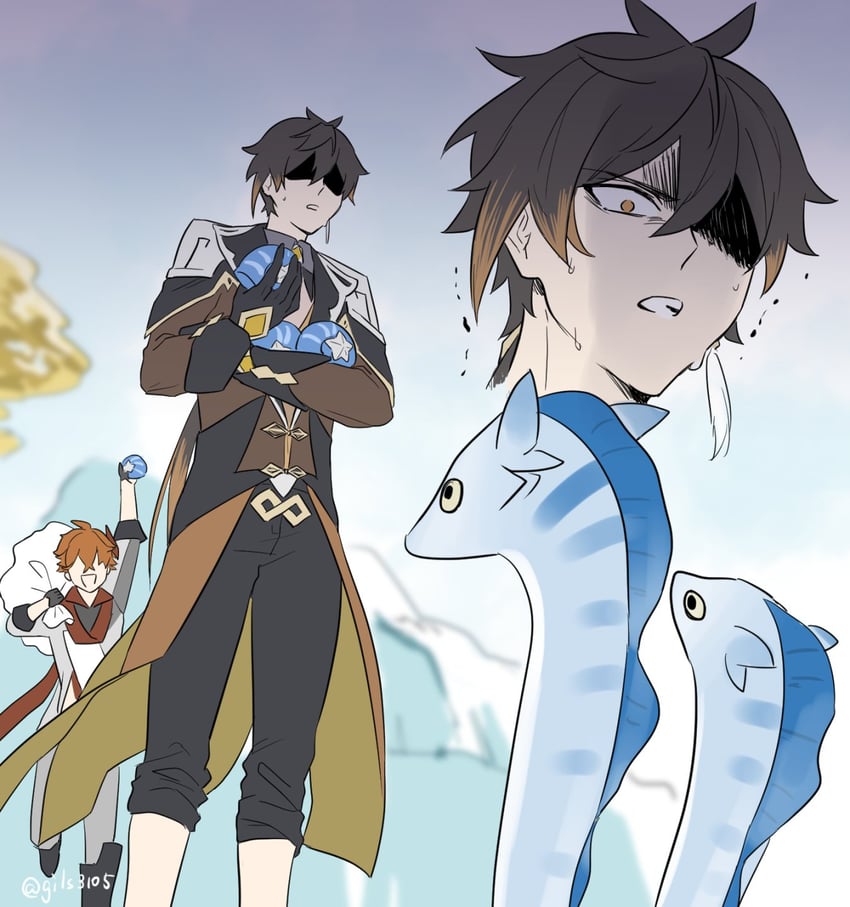 zhongli and tartaglia (genshin impact) drawn by gils3105
