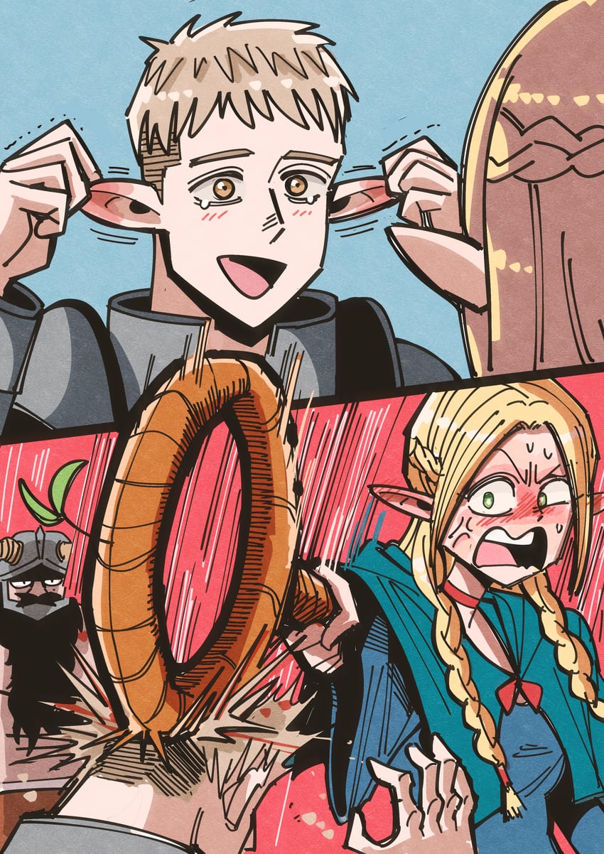 marcille donato, laios touden, and senshi (dungeon meshi) drawn by hansoom_(latebirdwakeup)