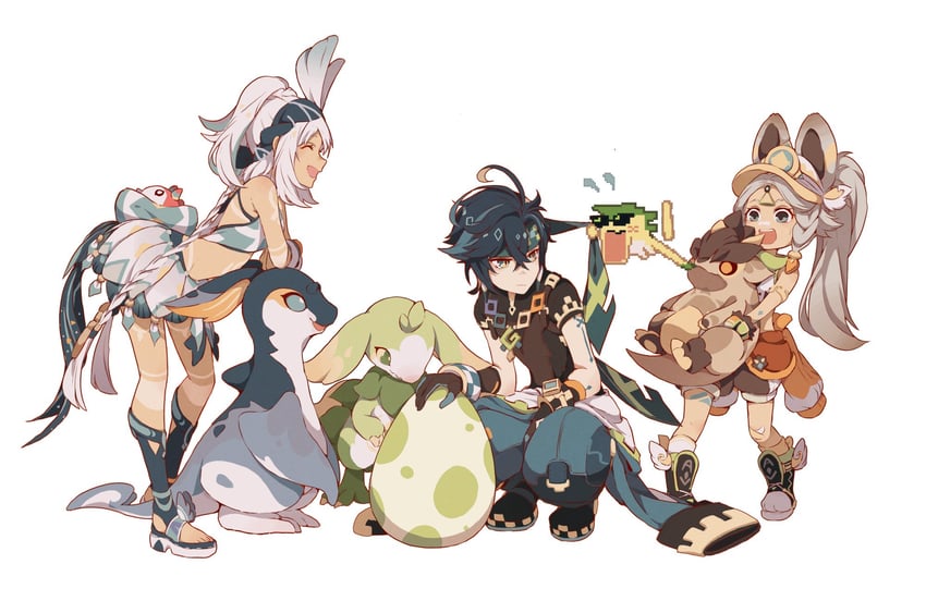 mualani, kinich, kachina, ajaw, yumkasaurus, and 2 more (genshin impact) drawn by popiahpot