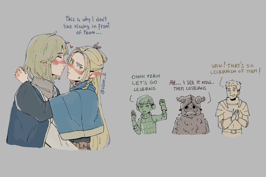 marcille donato, falin touden, laios touden, senshi, and chilchuck tims (dungeon meshi) drawn by v_n_s