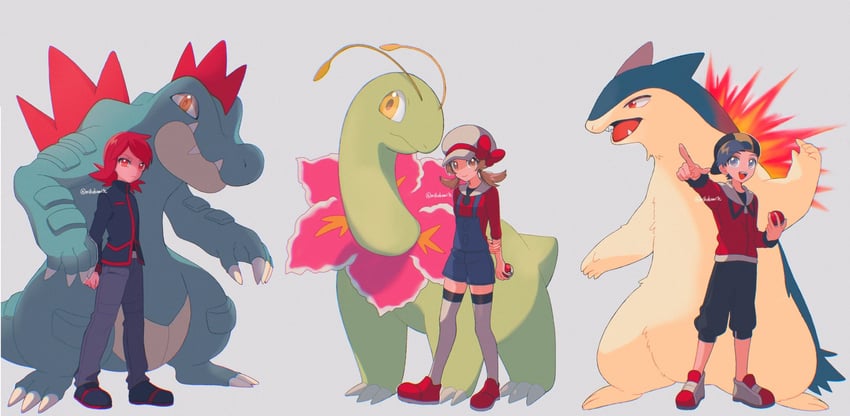 ethan, lyra, silver, typhlosion, feraligatr, and 1 more (pokemon and 1 more) drawn by mikakami1e