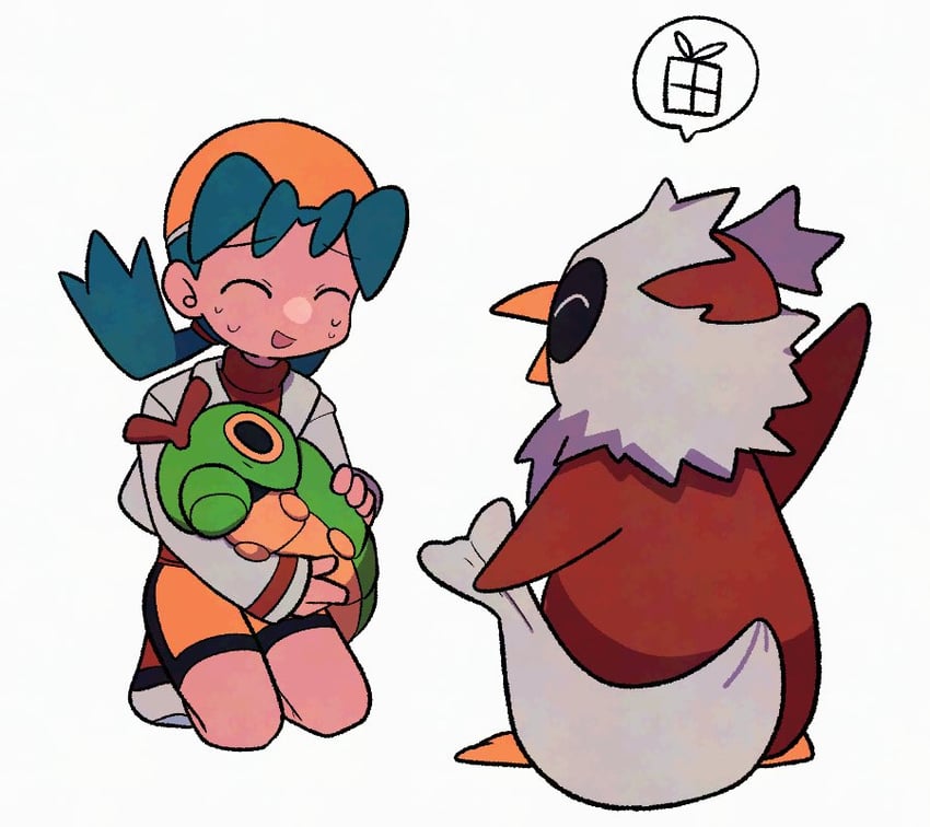 kris, caterpie, and delibird (pokemon and 1 more) drawn by tyako_089