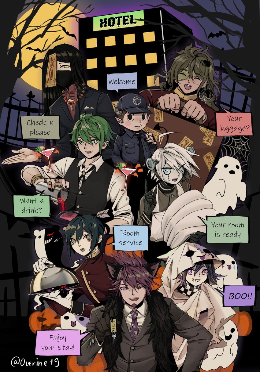 oma kokichi, saihara shuichi, monokuma, momota kaito, amami rantaro, and 4 more (danganronpa and 1 more) drawn by overine19