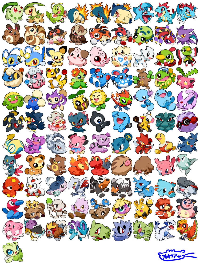 umbreon, espeon, cyndaquil, chikorita, pichu, and 95 more (pokemon and 1 more) drawn by kawaanago