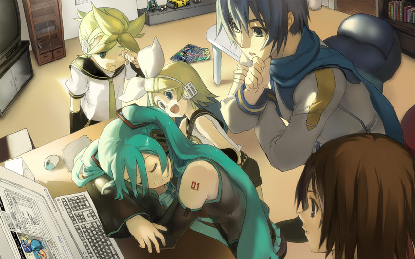 hatsune miku, kagamine rin, kagamine len, kaito, and meiko (vocaloid and 1 more) drawn by bob_(biyonbiyon)