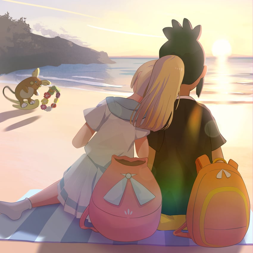 lillie, hau, alolan raichu, and comfey (pokemon and 1 more) drawn by blackminolith_(2ne)