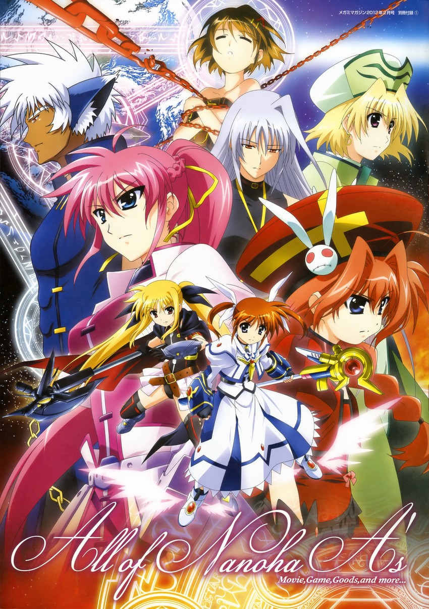 fate testarossa, takamachi nanoha, yagami hayate, raising heart, vita, and 6 more (lyrical nanoha and 3 more) drawn by okuda_yasuhiro