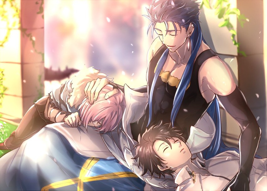 mash kyrielight, fujimaru ritsuka, cu chulainn alter, and cu chulainn (fate and 1 more) drawn by yukinaga_(asuten)