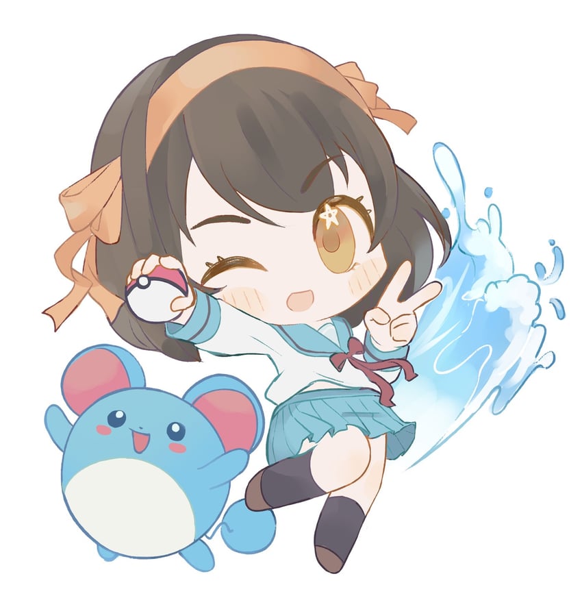 suzumiya haruhi and marill (pokemon and 1 more) drawn by comfycal
