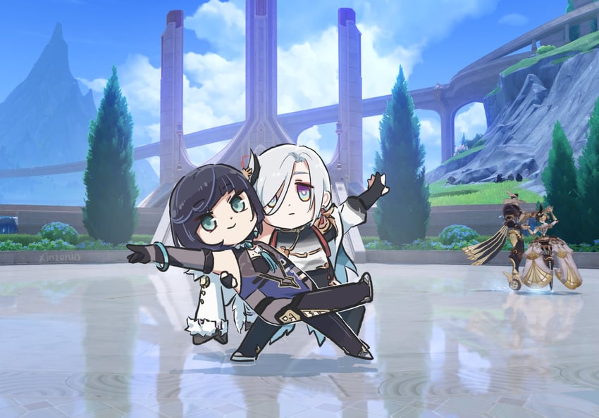 shenhe, yelan, coppelia, and coppelius (genshin impact) drawn by xinzoruo