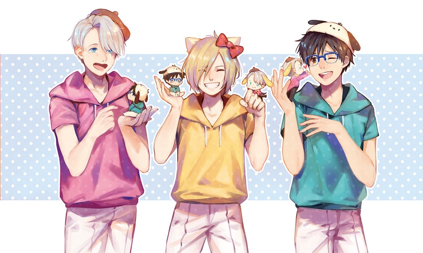 katsuki yuuri, viktor nikiforov, hello kitty, yuri plisetsky, pompompurin, and 2 more (sanrio and 2 more) drawn by yuyu_(yuyudesu0806)