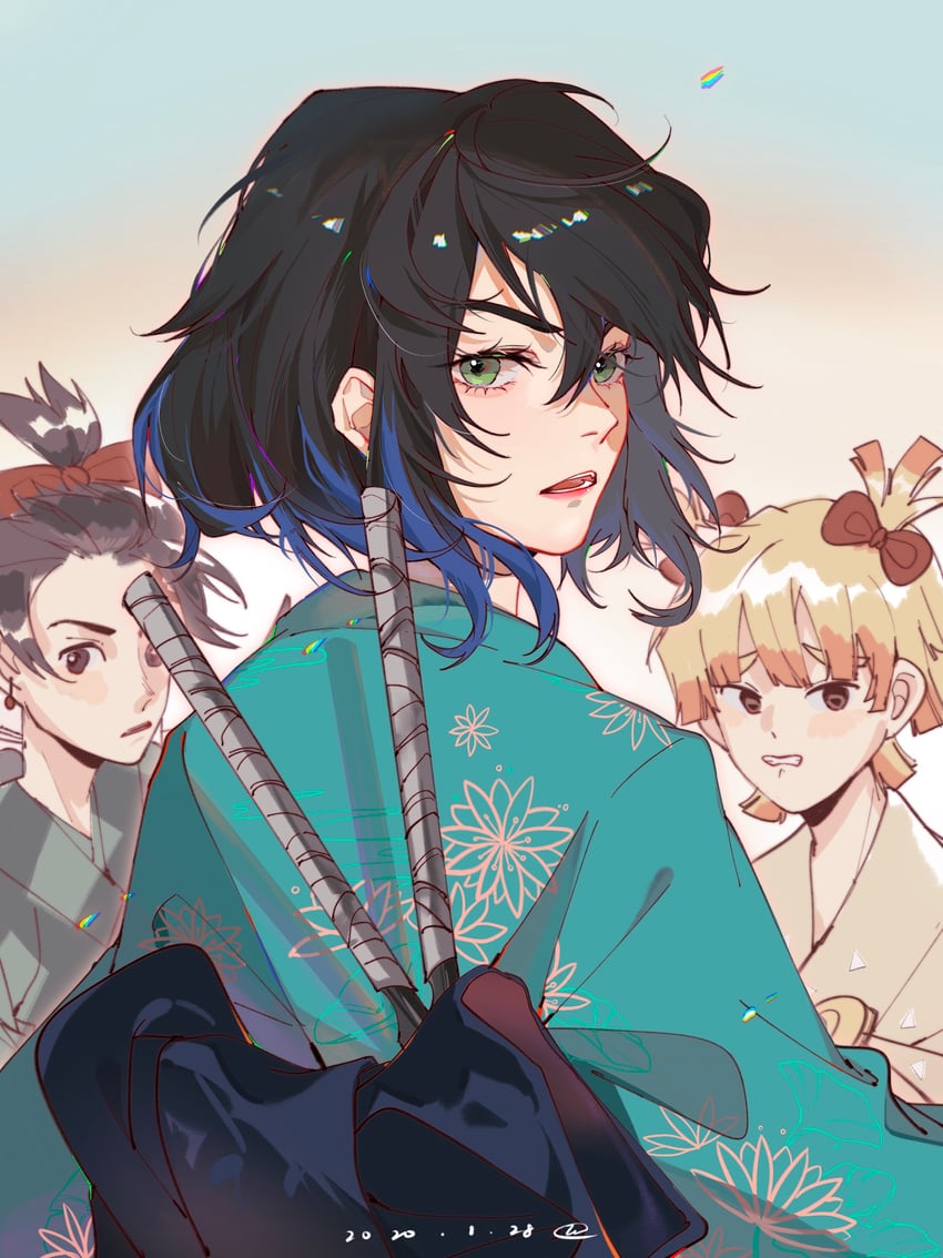 kamado tanjirou, agatsuma zenitsu, and hashibira inosuke (kimetsu no yaiba) drawn by icy_suluoluo