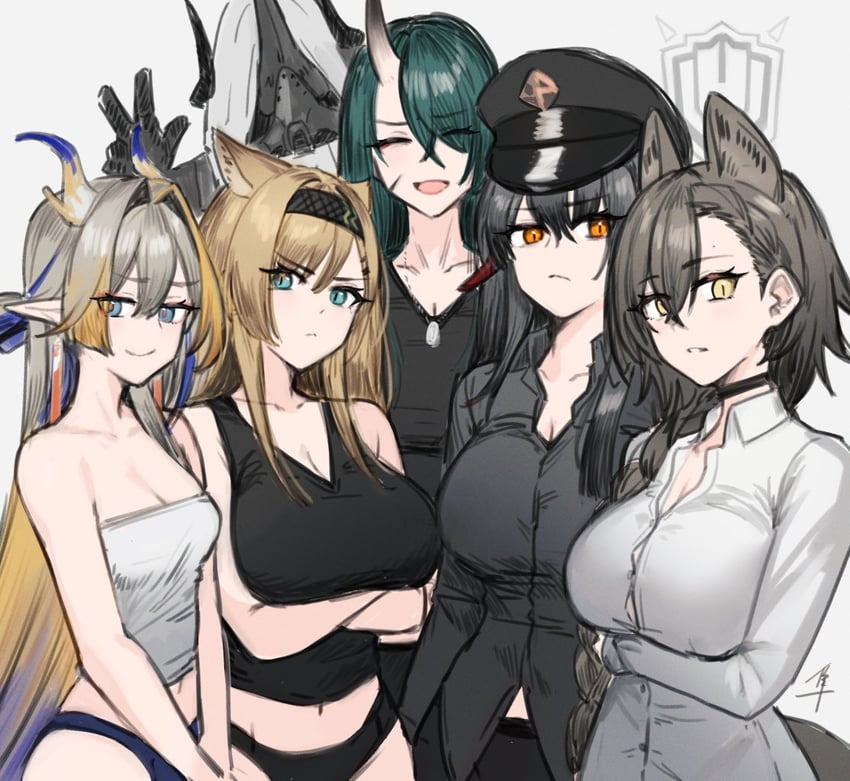 mudrock, shu, saria, hoshiguma, penance, and 1 more (arknights) drawn by hayabusa_(vert_320)