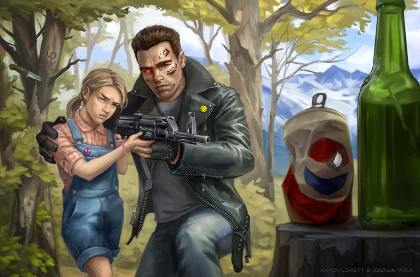 t-800, arnold schwarzenegger, and sarah connor (pepsi and 3 more) drawn by adlovett