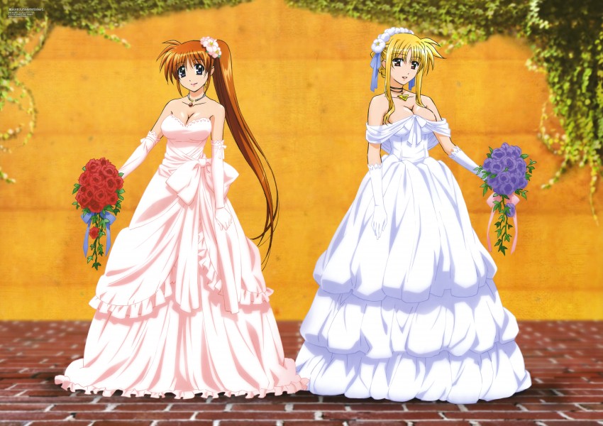 fate testarossa, takamachi nanoha, raising heart, and bardiche (lyrical nanoha and 2 more) drawn by okuda_yasuhiro