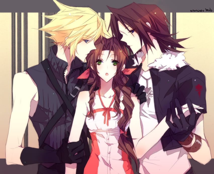 cloud strife, aerith gainsborough, and squall leonhart (final fantasy and 5 more) drawn by omix