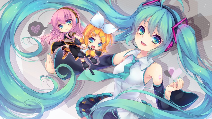 hatsune miku, kagamine rin, and megurine luka (vocaloid) drawn by shinia